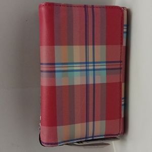 Mundi small wallet in plaid pink,purple and blue.